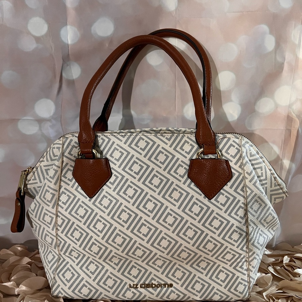 Liz Claiborne Light Gray and White Geometric Satchel with Brown Leather Handles